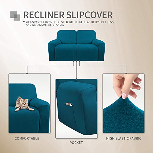 Image of Easy-Going 6 Pieces Stretch Sectional Recliner Sofa Slipcover Soft Fitted Fleece 2 Seats Couch Cover Washable Furniture Protector with Elasticity for Kid Pet (Recliner Loveseat,Peacock Blue)