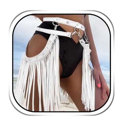 Zoestar Cowgirl Fringe Belt Leather Tassel Belts Fashion Rave Harness Waist Belt Cowgirl Costume Accessories for Women (White)