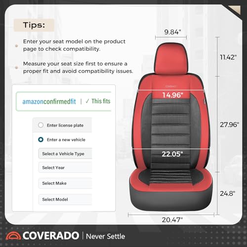 Image of Coverado Car Seat Covers Front Seats, Luxury Leather Car Seat Covers, Automotive Mesh Seat Covers 2 Pack, Airbag-Compatible, Black Red Seat Covers for SUV Sedan Truck
