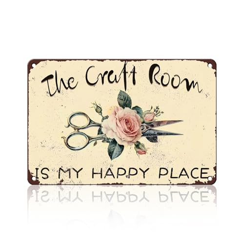 PEACHGARDEN Plaque vintage en métal « The Craft Room Is My Happy Place » - Décoration de chambre amusante pour studio d'art - 20,3 x 30,5 cm PEACHGARDEN Plaque vintage en métal « The Craft Room Is My Happy Place » - Décoration de chambre amusante pour studio d'art - 20,3 x 30,5 cm