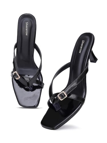 Image of SilverArrow womens Velcor Patent Leather Kitten Heels for Women & Girls | Square Open Toe Cushioned Slip-On Dress Sandals for Office, Wedding & Casual Wear