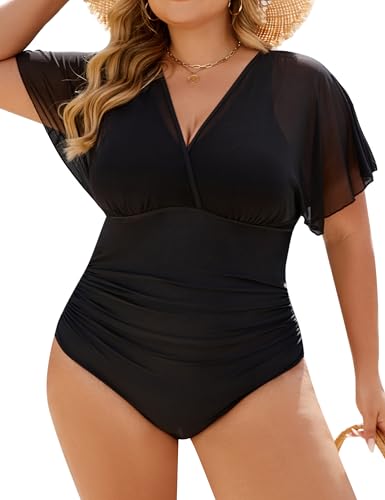 Blooming Jelly Women's Plus Size Swimsuit One Piece Tummy Control Bathing Suit Black Cute Maternity Swimwear(Black, XX-Large