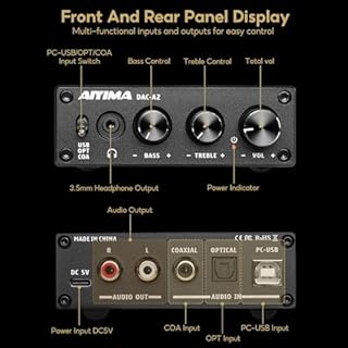 AIYIMA DAC-A2 Headphone Amplifier DAC with Bass Treble Controls PC-USB/Optical/Coaxial Inputs, RCA/3.5mm Headphone Ouput Digital to Analog Desktop Audio Converter DC 5V 24Bit 192kHz
