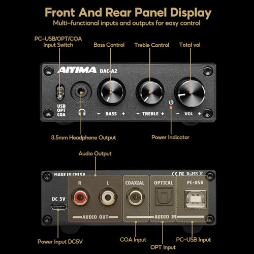 AIYIMA DAC-A2 Amplificateur d'écouteur DAC avec les commandes de Treble Basse PC-USB/Optical/Coaxial Entrées, RCA/3.5mm casque Ouput numérique à Analog Desktop Audio Converter 5V 24Bit 192kHz