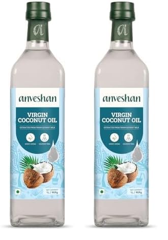 Image of Anveshan Cold Pressed Virgin Coconut Oil 1L | Glass Bottle | Unrefined Cold Pressed Virgin Coconut Oil, Naturally Cholesterol Free, Kolhu /Kacchi Ghani /Mara Chekku /Ganuga, Rich Aroma & Flavour of Real Coconuts