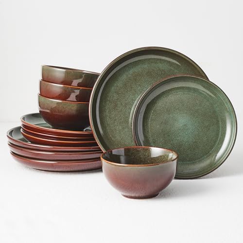 Stoneware Dinnerware Sets Service for 4, 12 pcs Reactive Glaze Plates and Bowls Sets, Handmade Ceramic Dish Set, Highly Chip and Crack Resistant Modern Plate Set, Brown Green