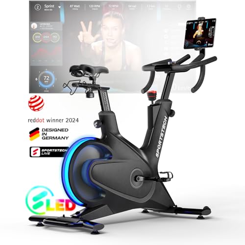 Sportstech sBike Lite - Vélo d'intérieur intelligent avec ses LED intégrées + application avec cours en direct et à la demande et support de tablette à 360° pour un entraînement complet du corps
