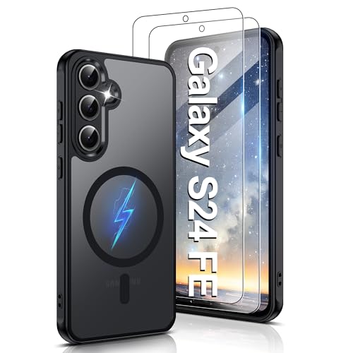 Pilaru Magnetic for Samsung S24 FE Case [Compatible with MagSafe] 2X Screen Protector | Anti-Yellowing & Fingerprint Shockproof Skin-friendly Slim Fit Translucent Matte for Galaxy S24 FE Black