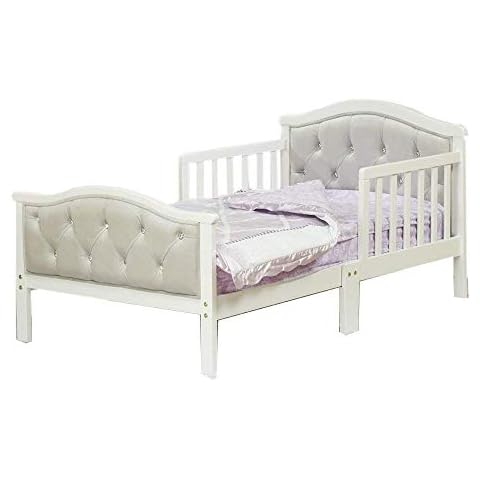 Toddler Bed with Soft Tufted Headboard, Kids Wood Bed Frame with Half Side Rails Cover