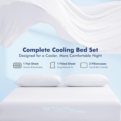 Image of Elegear King Cooling Sheets for Hot Sleepers, Silver Infused Arc-Chill 3.0 Bed Sheet Set, Q-Max 0.5 Silky Soft Breathable Cool Bedding Set for Night Sweats, 18 inch Deep Pocket, 4 Pieces, White