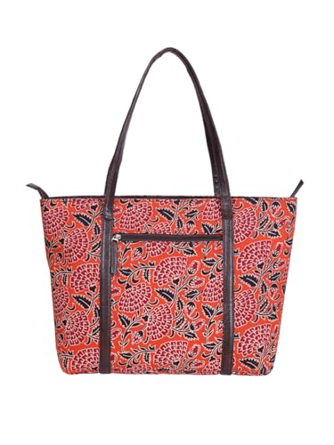 Image of NEPRI Oversized Office Tote Bag | Stylish Tote Bags | Purse for Women | Vegan Leather & Hanblock Printed Fabric Handbag with Double Handle Shoulder Strap| Daily & Travel Use