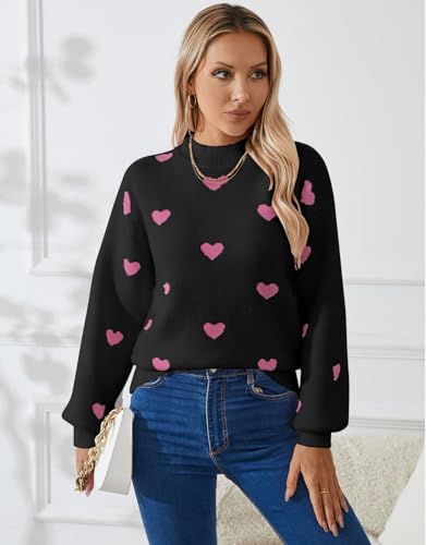 Image of Women's Long Sleeve Mock Neck Sweaters Loose Cute Heart Pullover Sweater