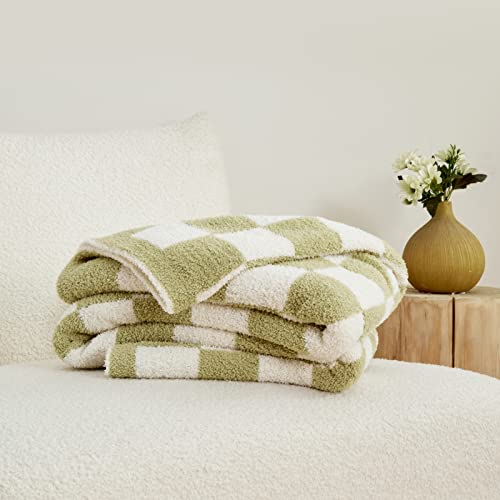 Image of CozeCube Sage Green White Reversible Checkered Knit Throw Blanket 50 inchx60 inch