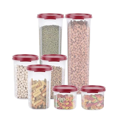Image of Cutting EDGE Smart Slim Storage Airtight Container-Red,Set of 7 | Plastic material, size - 2x1.1L+3x585ml+2x250ml , pantry organization, pulses storage, grains storage, kitchen Storage