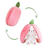PEACH CAT Cute Pink Strawberry Bunny Plush Pillow Reversible White Rabbit Plushie with Zipper Easter Bunny Stuffed Animal for Kids 7'