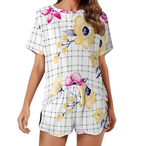 Ensemble pyjama femme manches courtes vêtement de nuit été léger sleepwear jaune