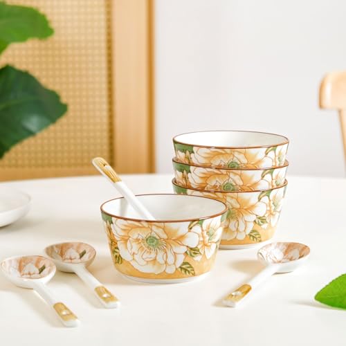 Image of Nestasia Ceramic Snack Bowl Set of 4 (370ml) - Dishwasher & Microwave Safe Bowl with Spoons, Multipurpose Serving Bowls for Soup, Rice, Dal, & Salad | Floral Mustard Gift Box Bowl Set