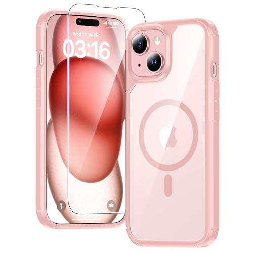 Image of TAURI for iPhone 15 Case, Compatible with MagSafe [Anti-Yellowing] with Screen Protectors, Military-Grade Protection, Shockproof Slim Magnetic Phone Case for iPhone 15 6.1 inch, Pink | with Screen Protector, Not-Yellowing Military-Grade Protection, Shockproof Slim Magnetic Case for iPhone 15