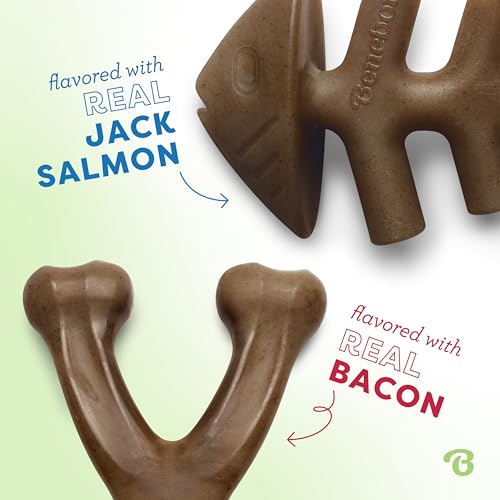 Image of Benebone 2-pack Fishbone /Wishbone Durable Dog Chew Toys, Real Fish, Real Bacon, Made in USA, Large