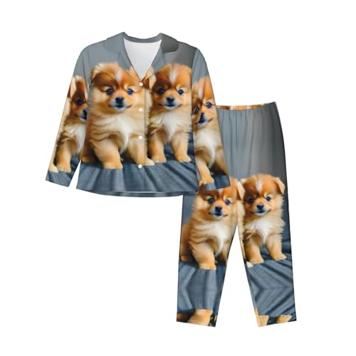Pyjama long à imprimé chiots de Poméranie EdWal pour femme en coton doux