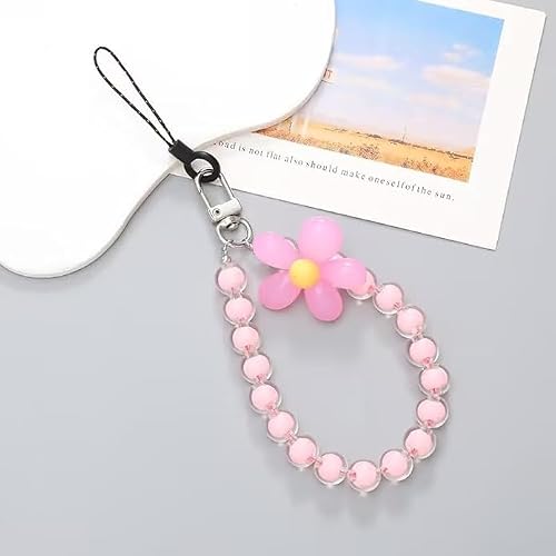 JJLFresheners Pink Mobile Phone Strap Beaded Flower Bracelet Creative Hanging Rope Keychain Mobile Lanyard Beaded Flower Anti-Lost Case Lanyard Wrist Strap Cell Phone Charms