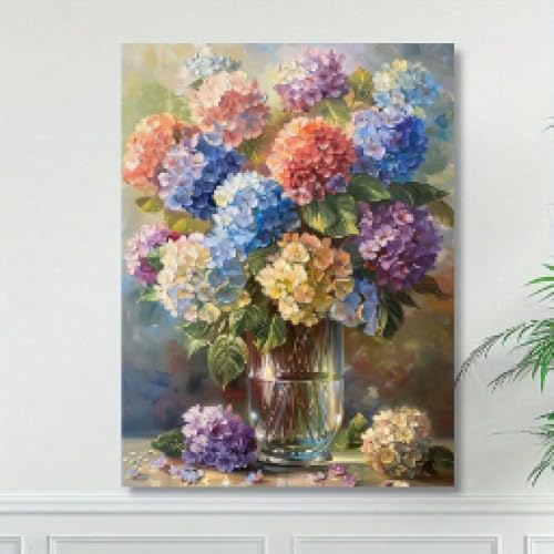 Décoration murale florale salon tableau hortensias chic