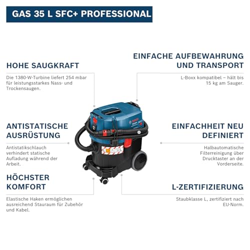 Bosch Professional Nass-/Trockensauger GAS 35 L SFC+ (Leistung 1200 Watt, 35 L Behälter, 3 m...