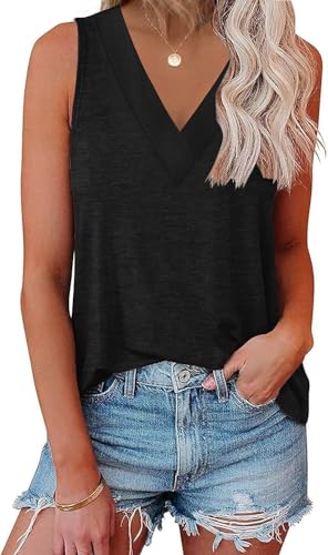 EyMuse Womens Tank Tops V Neck Sleeveless T Shirt Flowy Loose Fit Basic Casual Summer Tunic,Black,L