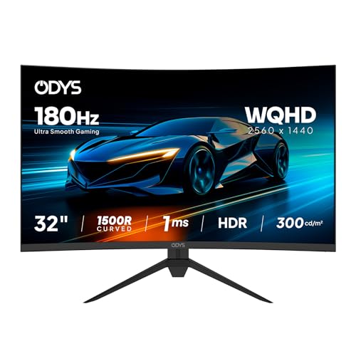 ODYS Gaming Monitor XP32-X - 32 Zoll (80 cm), Curved (1500R), 180 Hz, WQHD (2.560x1.440 px), 1 ms Reaktionszeit (MPRT), HDR, FreeSync/G-Sync komp., Eye Care, HDMI, DP, 3,5mm Audio