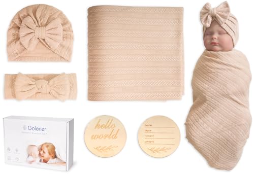Image of Baby Swaddle Set Newborn - Receiving Headband Blankets and Bow Hat,Newborn Essentials, Soft Nursery Swaddling Blankets，Stretchy Baby Blankets for Girls and Boys Unisex(Light Brown)