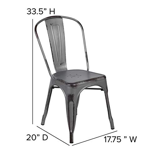 EMMA + OLIVER Commercial Distressed Silver Gray Metal Indoor-Outdoor Stackable Dining Chair