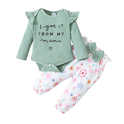 ROSEBEAR Recién Nacido Bebé Niña Ropa Conjuntos Bebé Niñas Primavera Manga Larga Ruffle Romper Top+Floral Pantalones Ropa Conjuntos de Punto Mono Body 2 Piezas 0-18 Meses Verde 3-6M