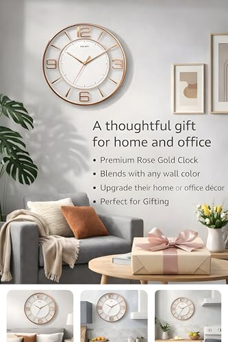 Image of Amazon Brand - Solimo 12 Inches Silent Wall Clock for Living Room Bedroom Office Wooden Look Plastic 3D Easy to Read Numbers Modern Stylish Sweep Movement Wall Clock for Home - 1611TS (White Copper)