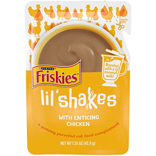 Purina Friskies Pureed Cat Food Topper, Lil’ Shakes With Enticing Chicken Lickable Cat Treats - (16) 1.55 Oz. Pouches #TOP22