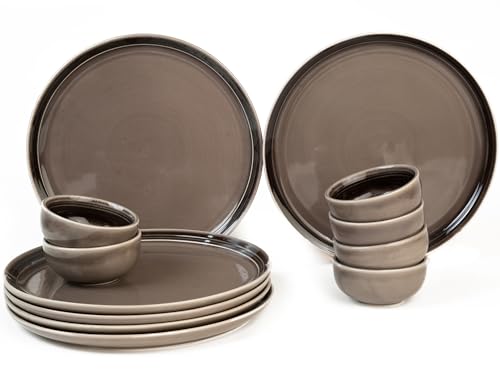 Image of Bodhi House Handcrafted Chip Resistant Porcelain Solid Dinner Set, 12 Pieces Dish Set Serving for 6, Microwave and Dishwasher Safe, Bone-Ash Free, Crockery Set for Dining and Gifting, Smoke Grey