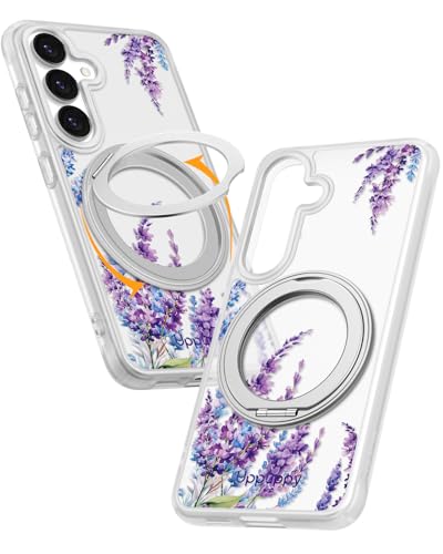 Coque Samsung S25 MagSafe avec anneau rotatif 360 anti-choc motif floral violet Uppuppy