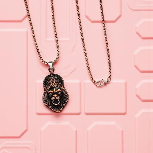 Image of M Men Style Narasimha Metal Pendant With 22 Inch Box Stainless Steel Chain | Lord Narshinha Trident Necklace | Hindu Religious Jewelry for Men & Women