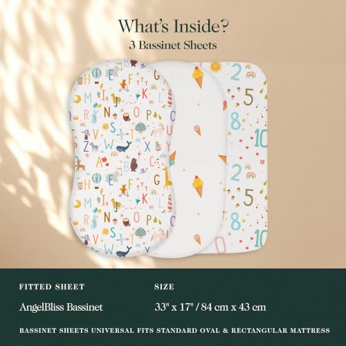 Image of 100% Organic Cotton Bassinet Sheets 3 Pack - (33 x 17 Inches) Angel Bliss - GOTS Certified, Soft Breathable Percale Weave, Universal Fits Standard Oval & Rectangular Mattress - for Boys & Girls