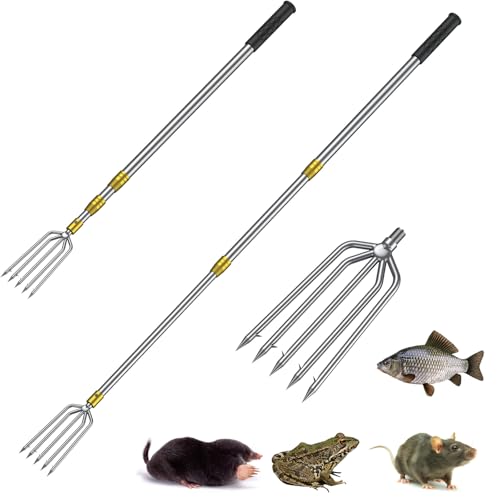 Pawfly Fishing Spear Stainless Steel Frog Gig Gaff Strong Flounder Gig with Barbed 5 Prong Tine & Long Pole Telescopic Fishing Harpoon Spearhead Fork for Fish Bullfrog Toad Mole & Hunting