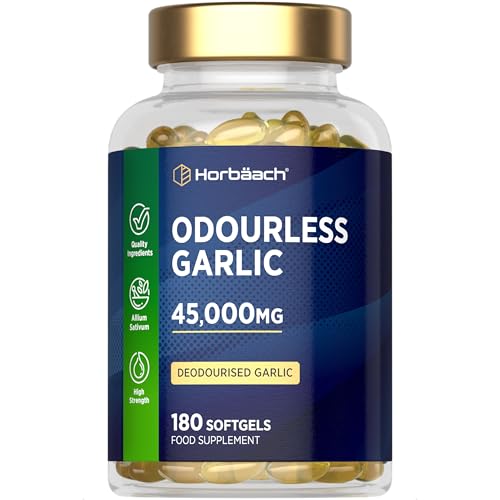 Odourless Garlic Capsules 45,000mg | 180 Softgels | High Strength Deodorised Garlic Oil Extract | by Horbaach