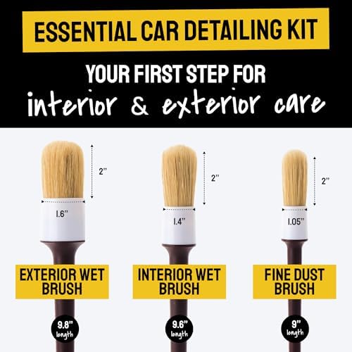 Boars Hair Ultra Soft Car Detail Brushes - Set of 3 - Perfect for Washing Emblems Wheels Interior Upholstery Air Vents