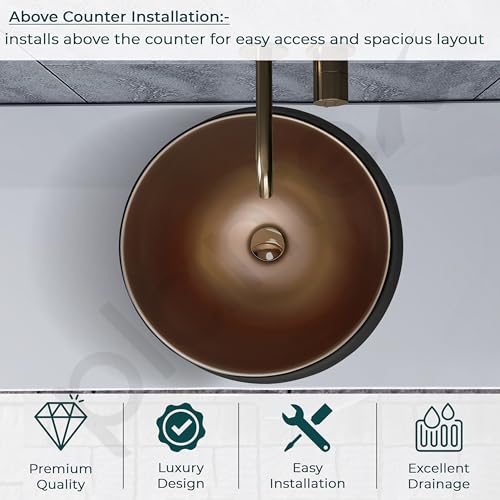 Image of Plantex Ceramic Tabletop Washbasin /Bathroom Basin Sink /Basin for Bathroom /Wash Basin for Restaurant /Hotel (Black & Red Bronze - 16 x 16 x 12 Inch)