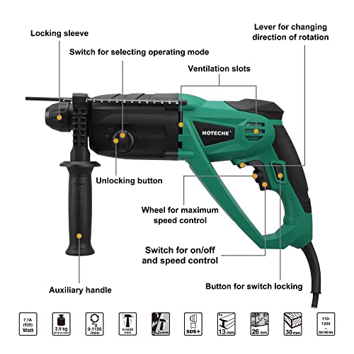 Hoteche 3-In-1 Rotary Hammer Drill 1-Inch Sds Plus Electric Hammer 7.7-Amp/920W Variable Speed Corded Power Hammer Drill Lightweight Demolition Jack Hammer For Concrete With 3 Drill Bits #TOP1