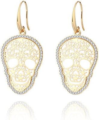 Dangle Earring for Women,Skull Drop Earring Girls Gold and Silver Earrings with CZ Crystal Stainless Steel Hook Earring (Gold Plated)
