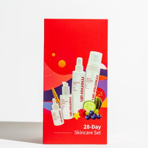 menorah Skincare Daily Skincare Set – Facial Cleanser Foam, Hydrating Toner, Anti-Aging Serum, Moisturizing Cream + Free Headband – Gift Set for Women