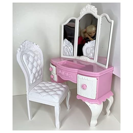 1:6 Dollhouse Furniture Pink White Vanity Set with Chair & Mirror for 11.5" Fashion Doll