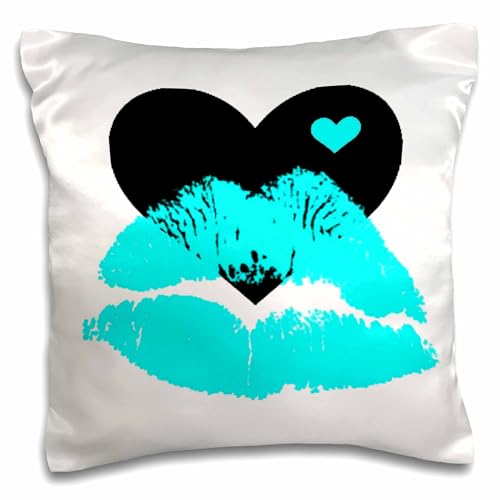 3dRose Turquoise Smooches Lips with A Black and Turquoise Heart-Pillow Case, 16 by 16