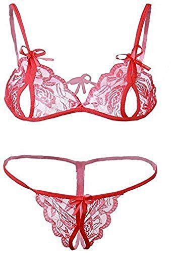 VINDHWASHNI Women's Net Baby Doll Lingerie Bikini Panty and Bra Set (Red, Free Size)