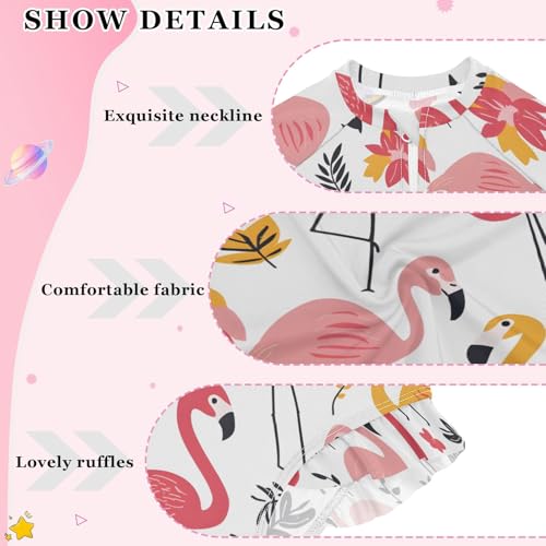 Flamingo Leaf Pattern Girls Long Sleeve Swimsuit Rash Guard One Piece Bathing Suits Zipper 3-12T4