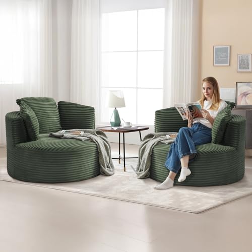 Image of Antetek 48.8-inch Round Chair, Modern Accent Corduroy Comfy Deep Seat Boneless Foam Floor Single Circle Chaise Sofa Chair with 3 Pillows for Living Room Bedroom Office, No Assembly Required, Green